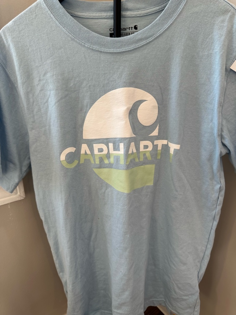 Carhartt Short Sleeve Logo Tee in Light Blue with White and Lime Graphic T-Shirt - Picture 11 of 16